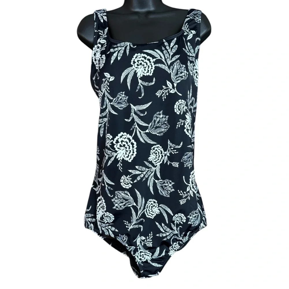 Lands’ End Black White Floral One Piece Swimsuit 26W Square Neck Plus